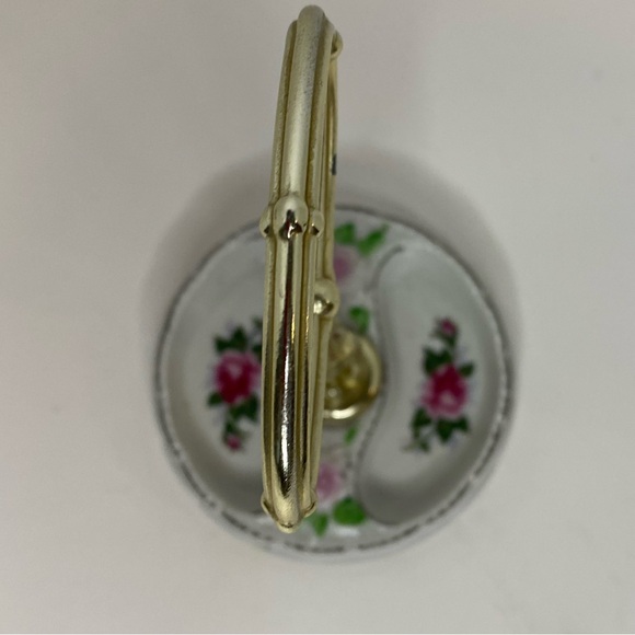 Porcelain Trinket Dish with Gold Tone Handle Embossed Roses and Painted Roses - Picture 5 of 7